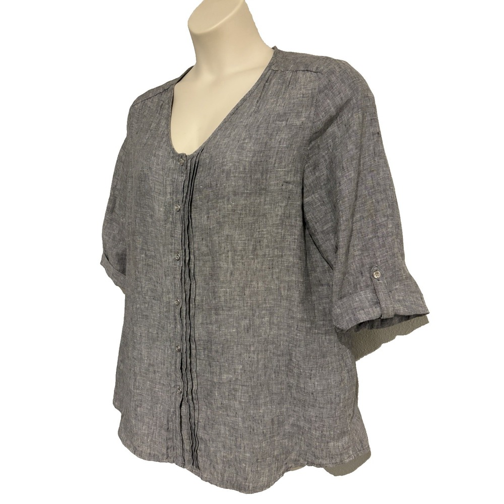 JM Collection Gray 100% Linen Shirt~SZ‎ 16P~ Roll Tab Slvs Button Down Lagenlook